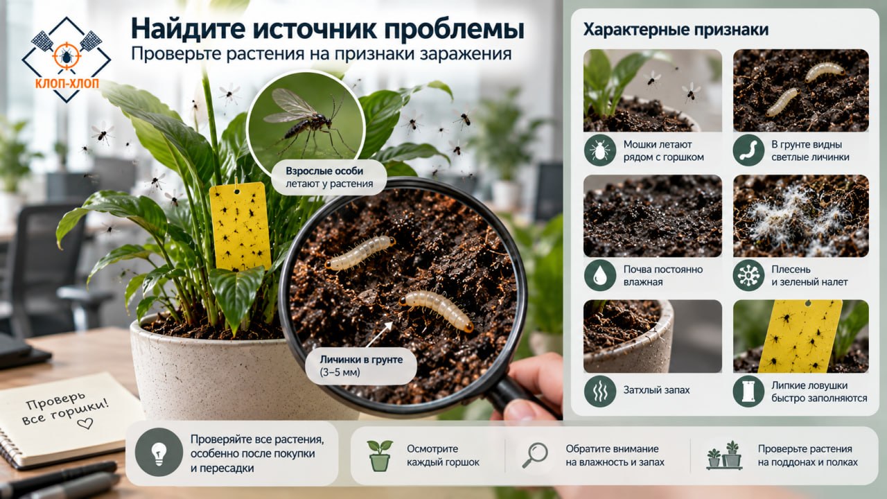 Как обнаружить очаг размножения: взрослые особи, личинки и характерные признаки в горшках
